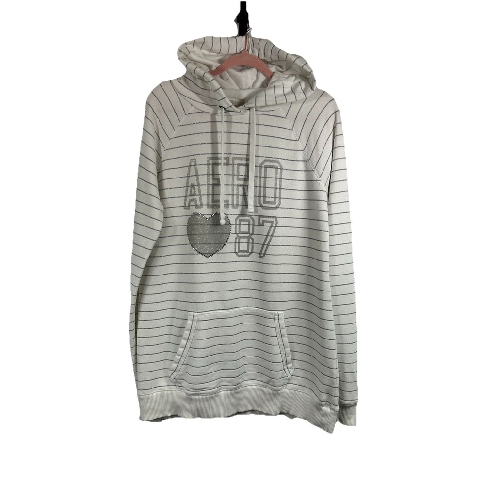 Vtg Y2K Aeropostale Aero 87 Striped Hoodie XL White Silver Preppy Mallcore 2000s